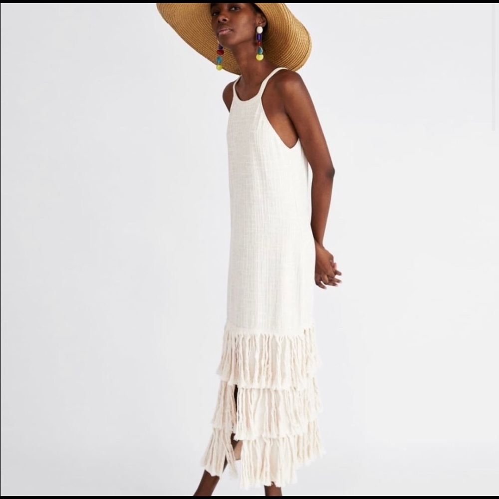 Zara - Midi Dress with Fringe - Cream - Small NWT